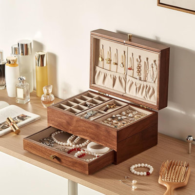 Wooden Jewelry Box For Women With Mirror - 3-Tier Multi-Functional Drawer Organizer For Necklaces, Rings, Earrings, Watches & More, Durable Black Walnut Jewelry Storage Gift