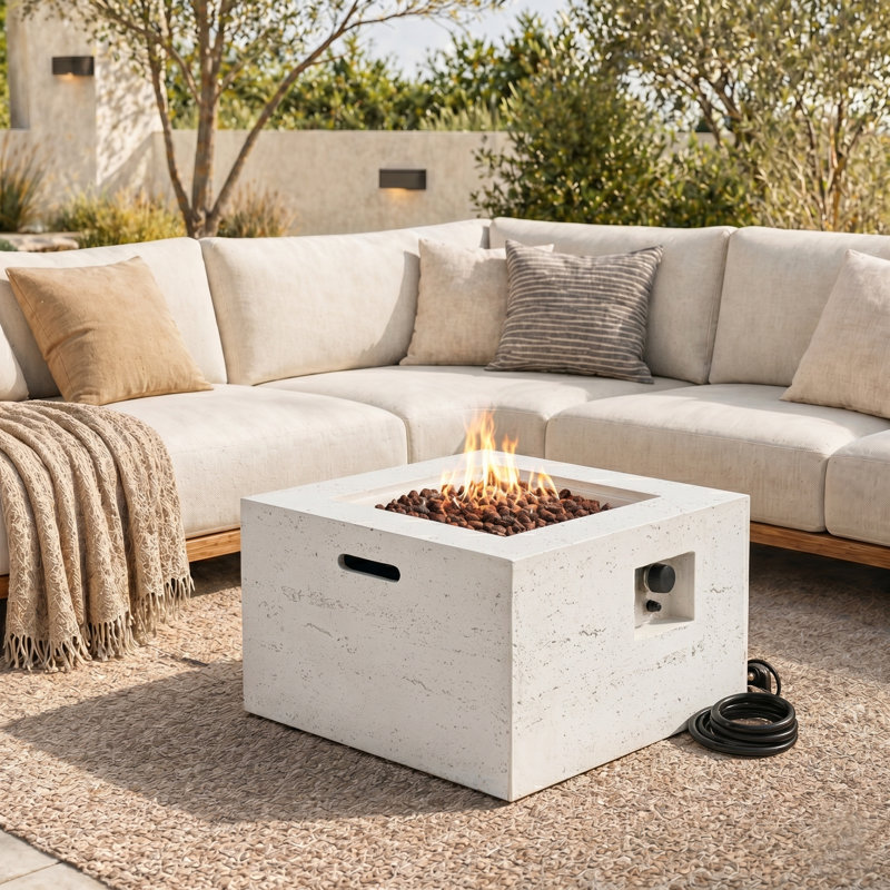 Foyer d'extérieur carré au gaz 40 000 BTU avec flamme réglable, pierres de lave et couvercle, Beige