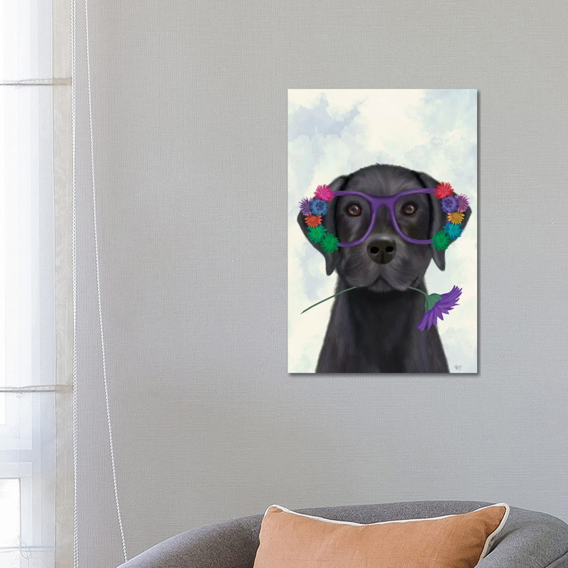 Black Labrador and Flower Glasses 1 Piece Wrapped Canvas Painting, 66.04 cm H x 45.72 cm W x 3.175 cm D