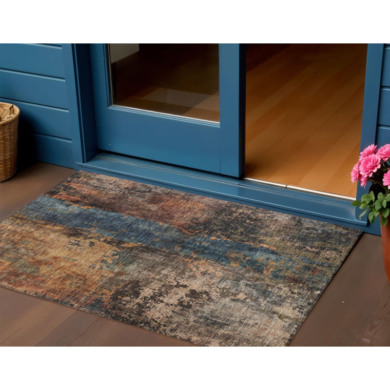 3' X 5' Blue Copper And Brown Abstract Washable Indoor Outdoor Area Rug