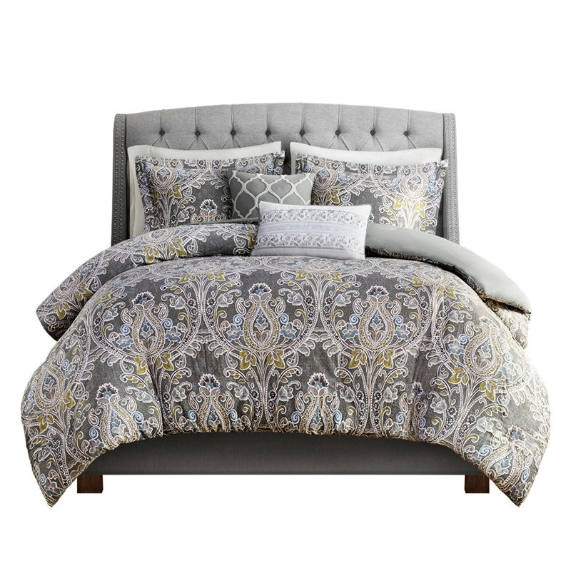 Housse de couette en coton 5 pièces pour lit double / grand gris avec boutons et attaches 100% bleu