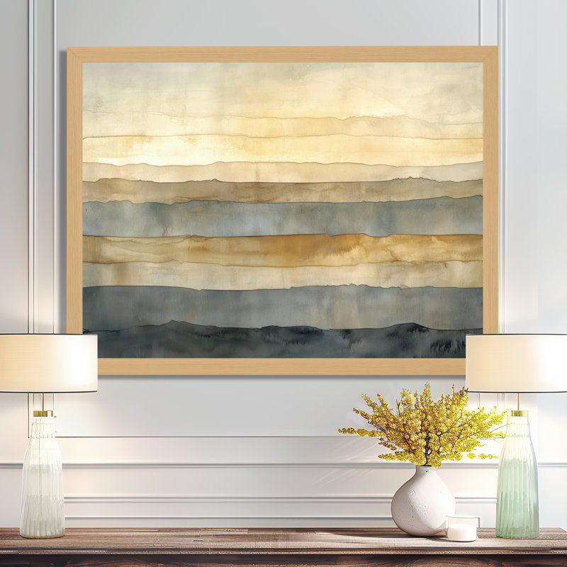 Beige Tan Neutral Horizon Layers II - Tableau abstrait encadré, H 34 po x l 44 po, Natural Picture Framed