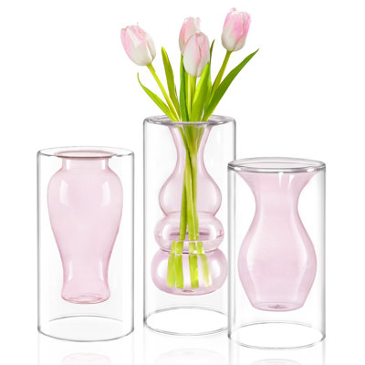 Vases à fleurs, vases décoratifs flottants modernes, vases en verre frais à double creux, ensemble de 3, (rose)