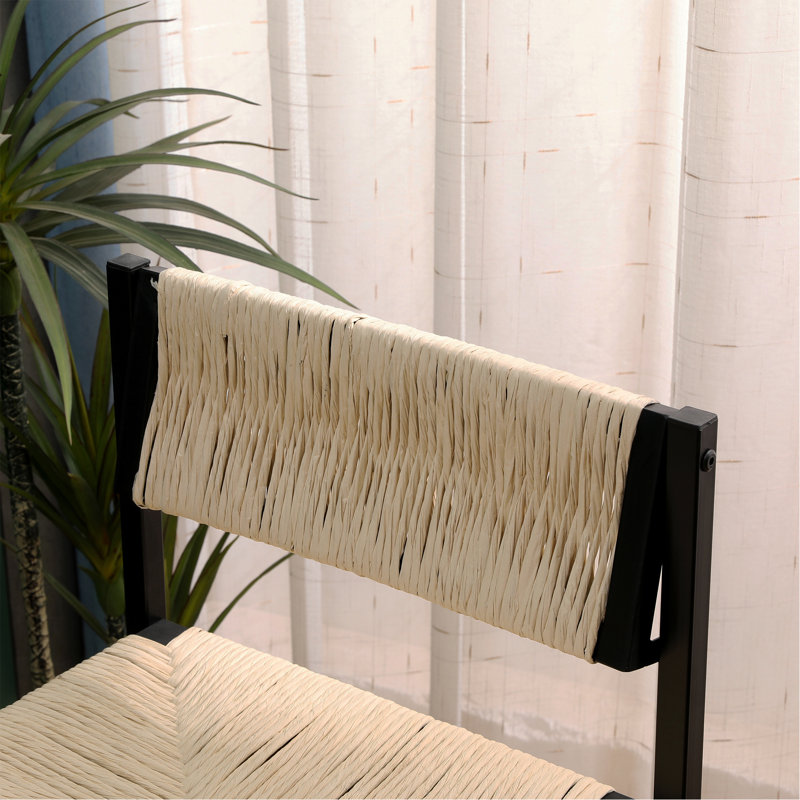 Ensemble de 2 tabourets de bar en papier tissé à la main avec repose-pieds pour îlot de cuisine, blanc crème