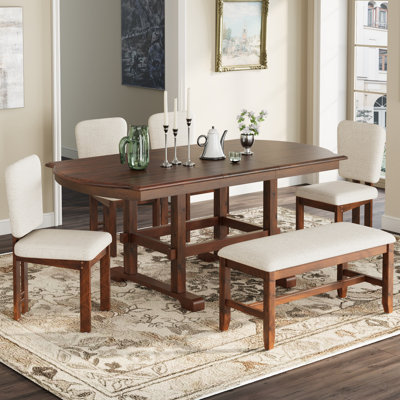 6-Piece Extendable Dining Table Set With Bench And 4 Wood Frame Chairs