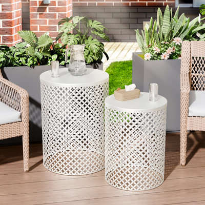Table d'appoint pour l'extérieur, petit tabouret de jardin décoratif pour table d'appoint ronde, table de bout moderne, ensemble de 2 tables de patio pour l'extérieur et l'intérieur