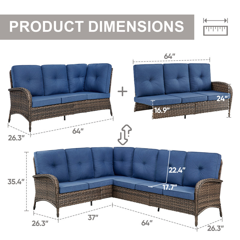 Gaetanino 90.3'' Wicker Outdoor Wicker Rattan Patio Sectional With Cushions, Blue