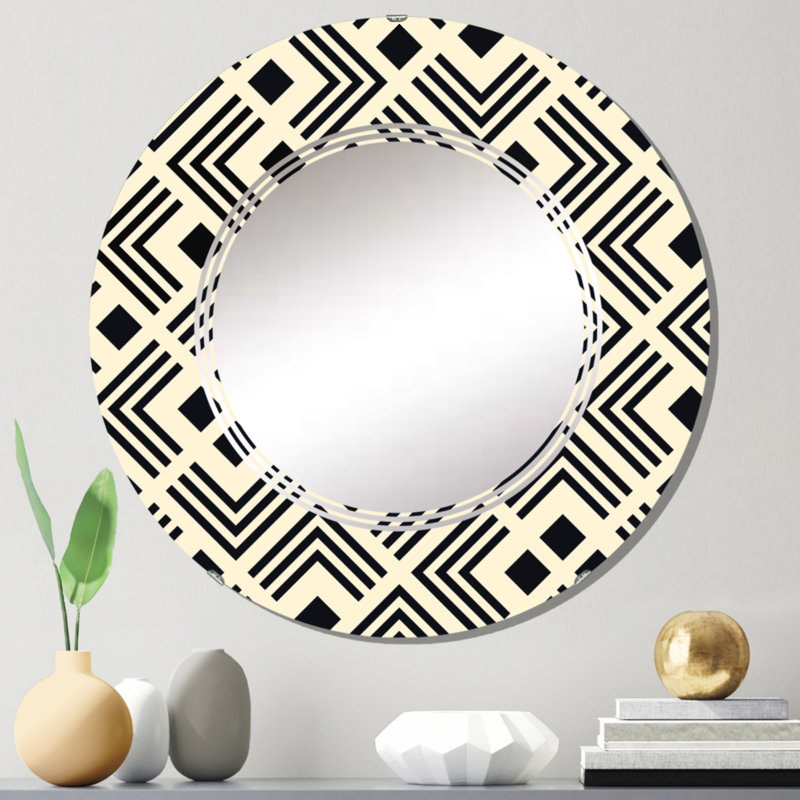 Labyrinthe géométrique noir et jaune - Miroir mural à motif rond, 24 po x 24 po