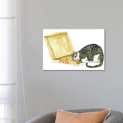 Fat Tabby Cat And Pizza by Alexey Dmitrievich Shmyrov - Wrapped Canvas Print