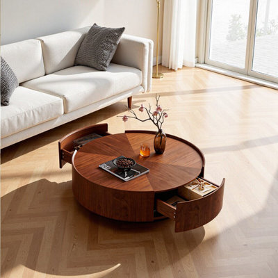 Modern 35.4’‘Circular Walnut Coffee Table For Living Room, Bedroom, And Office
