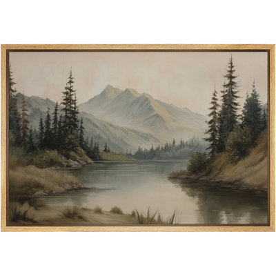«Misty Mountain Lake with Pine Forest», reproduction d'art sur toile encadrée très grande