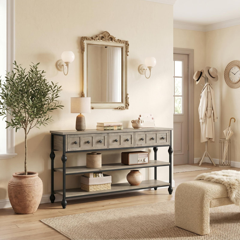 52.5 in Long Console Tables with 3 Drawers and Roman Column Legs for Hallway, Living Room, Gray