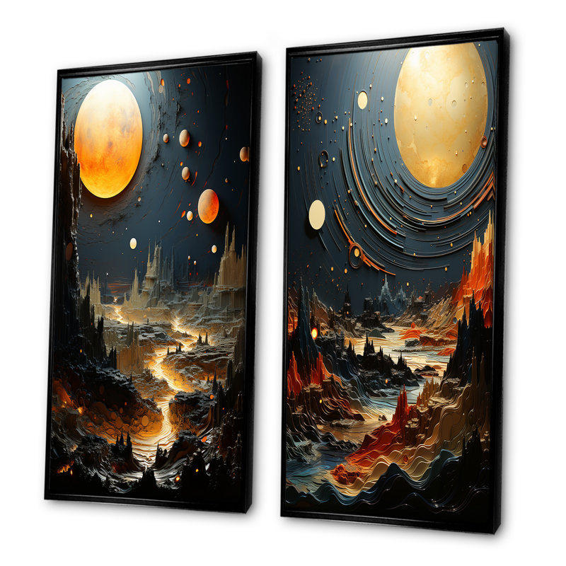 Planète céleste dorée dans le système solaire I - ensemble de 2 décorations murales planètes, Cadre noir, H 28 po x l 25 po