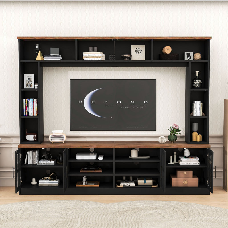 Meuble audio-vidéo moderne avec tablettes de présentation et armoires à portes en verre, Noir