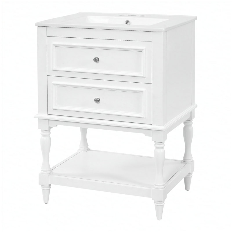 Meuble-lavabo de rangement rétro avec lavabo en céramique et tablette ouverte 24 po Retro Design, White