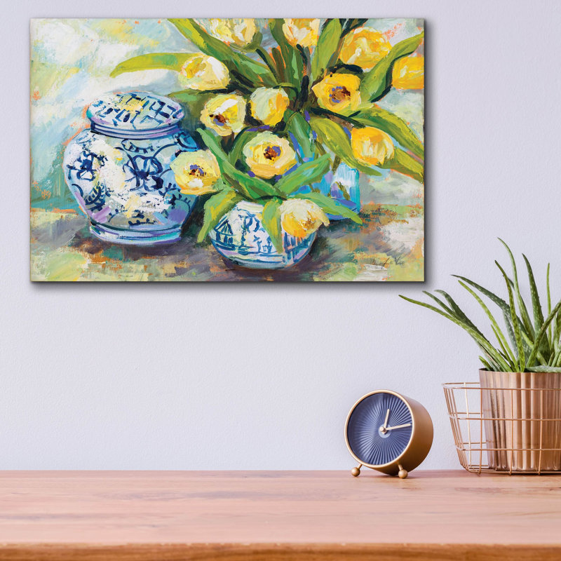 «Tulips Chinoiserie» par Jeanette Vertentes, art mural en verre acrylique, H 12 po x l 16 po x P 0,13 po