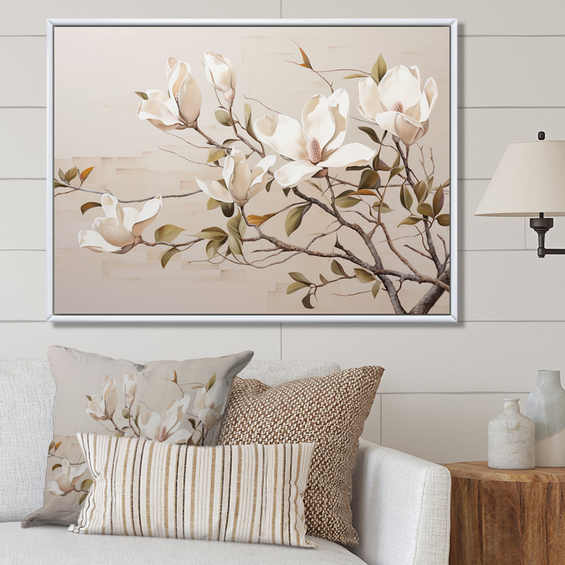 Magnolias rêveuses beiges en fleurs II, Cadre flottant blanc, H 12 po x l 20 po x P 1 po
