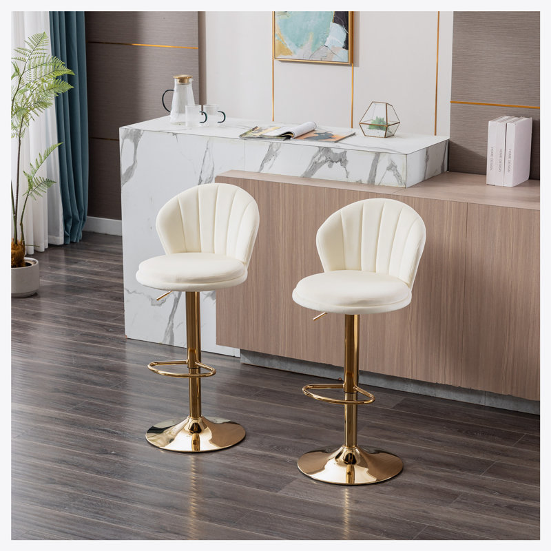 Ensemble de 2 tabourets de bar, avec repose-pieds chromé et base pivotante réglable en hauteur, Crème