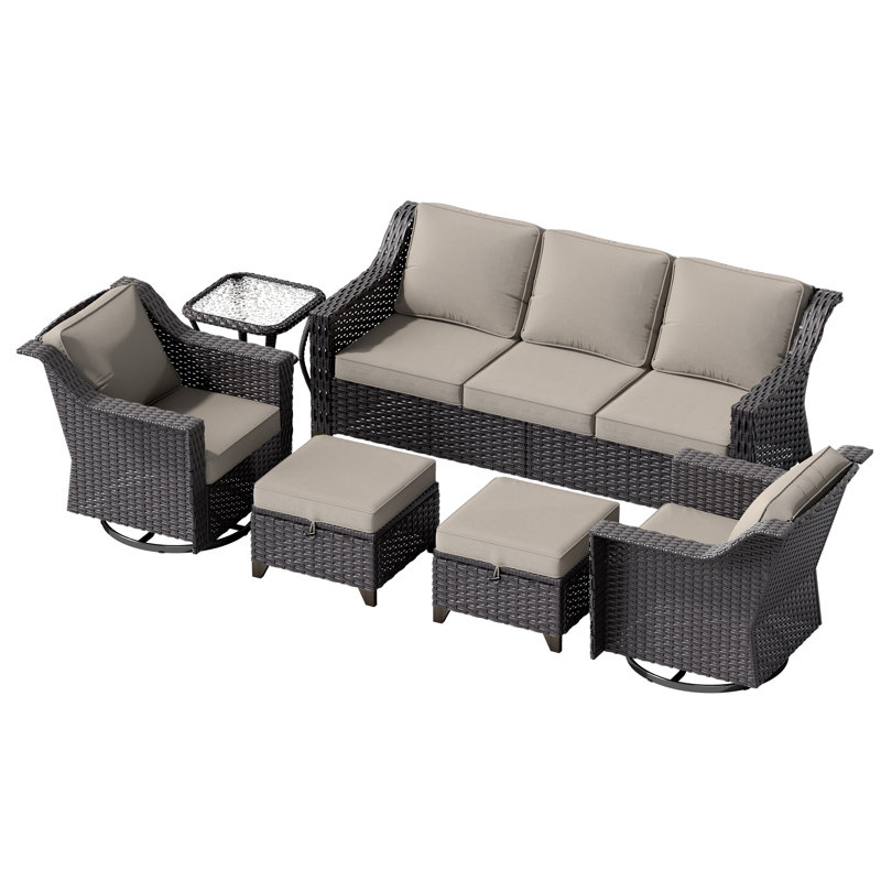 6-Piece Wicker Outdoor Sofa Set – Swivel Chairs & Hidden Storage Ottomans, Beige