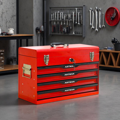 20-Inch Steel Portable Tool Box With Drawers - Tool Storage Box Organizer With Metal Lock Closure Device
