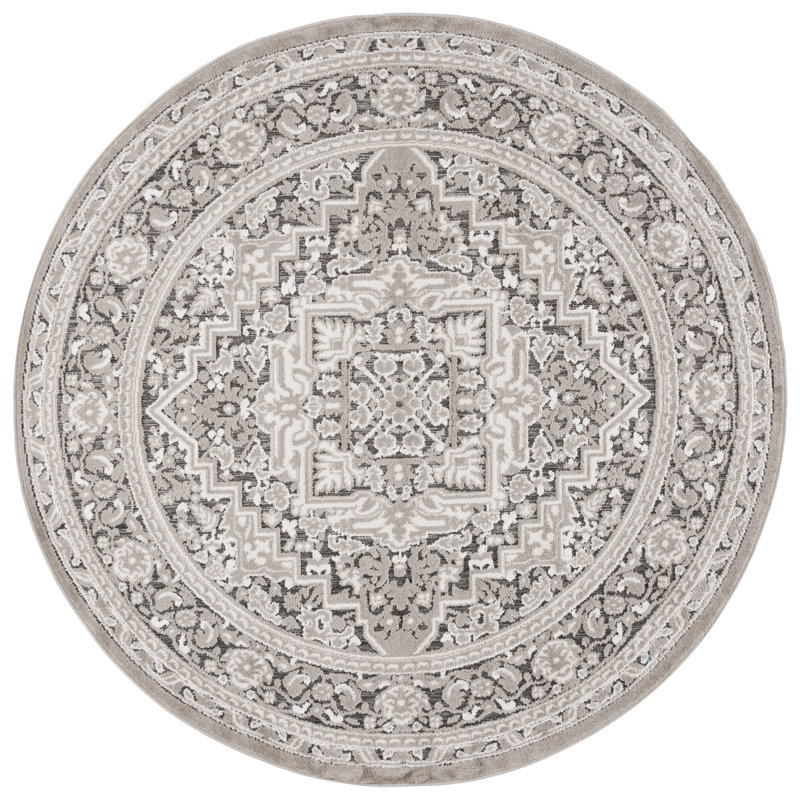 Brysin Oriental Machine Woven Power Loom Polypropylene Area Rug in Ivory/Gray, Round 6'7"