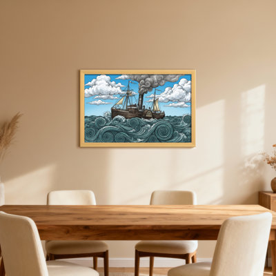 Steam Ship Sails Stormy Sea Waves