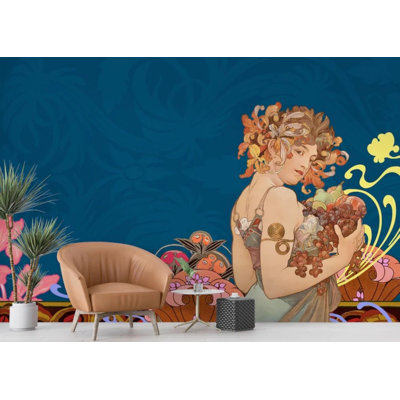 Adhésif mural bleu femme Art Nouveau