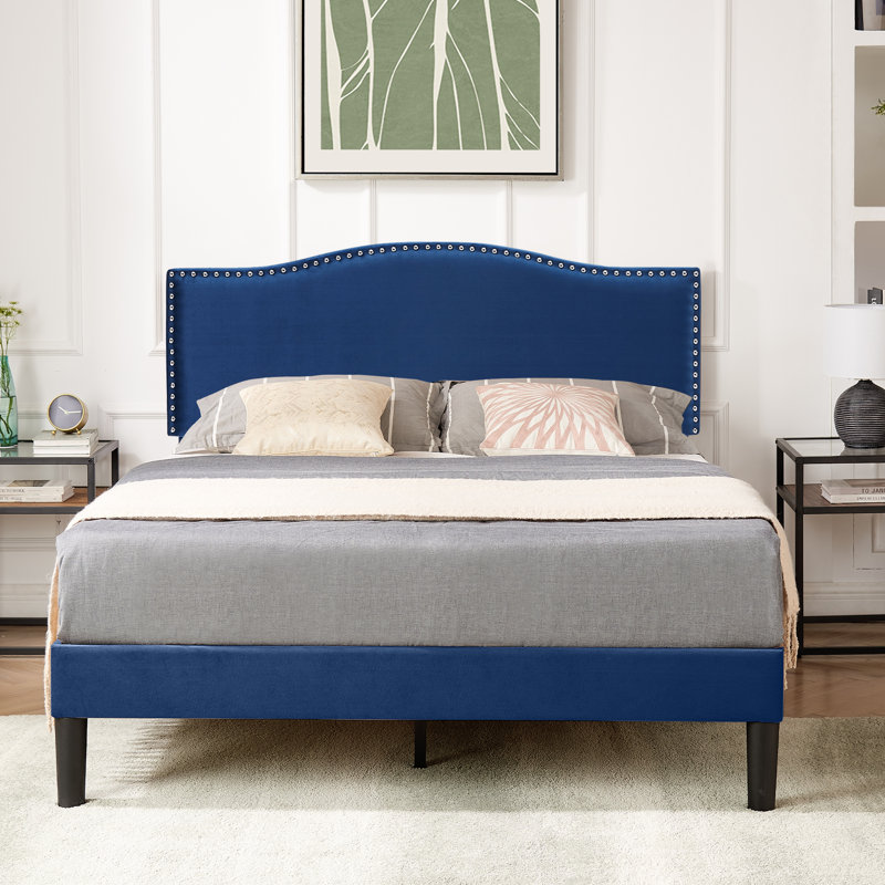 Structure de lit tapissier Auxter, Bleu foncé, Grand