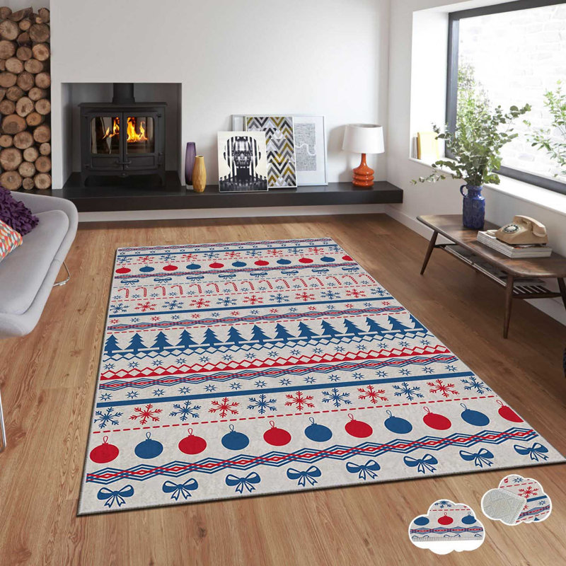 Tapis rectangulaire tissé à la machine en polyester bleu / rouge / blanc Broome, Rectangle 2 pi 7 po x 4 pi 7 po