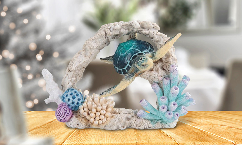 7"W Blue Sea Turtle Swimming Around Coral Figurine Dovecove