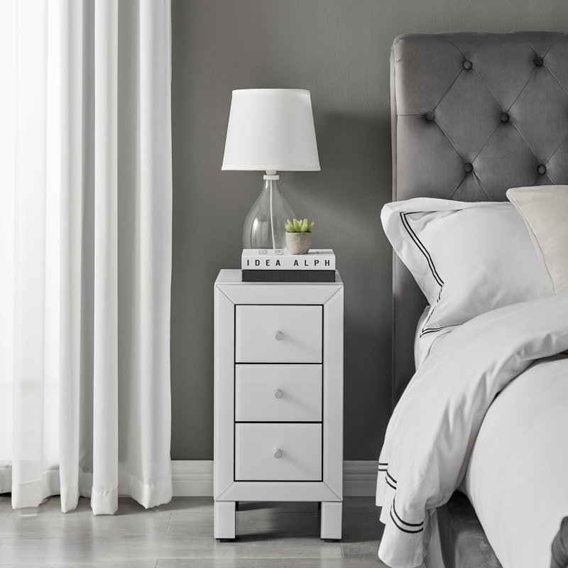Alexa Chic Slimline 3 Drawer Mirrored Nightstand - Sleek Modern Design, Small, White
