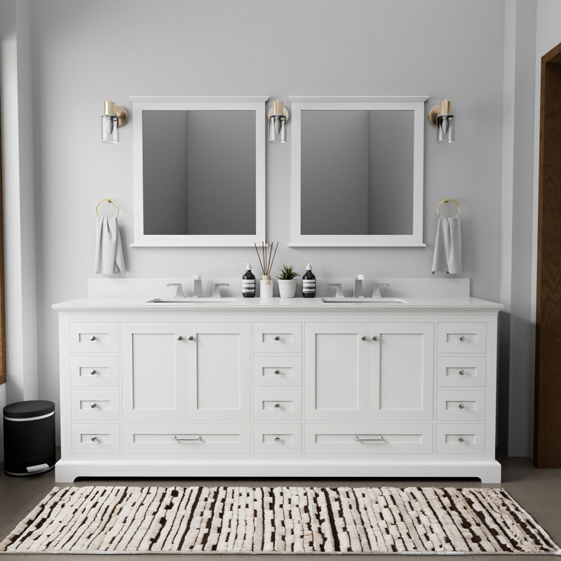 Dukes 84 in. W x 22 in. D Double Bath Vanity Faucet Set and Mirrors, White Quartz, White