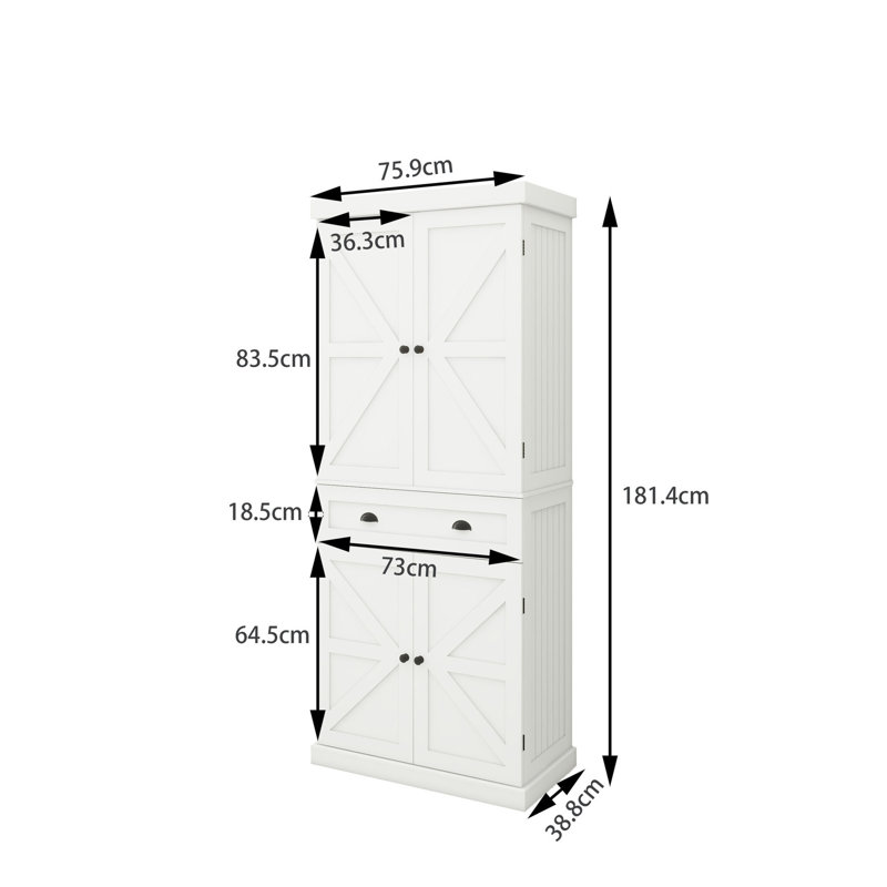 Garde-manger autoportant blanc de 71 po. 4 portes, un tiroir et 2 tablettes réglables. Ajoute de la valeur à la salle à manger et au garde-manger.