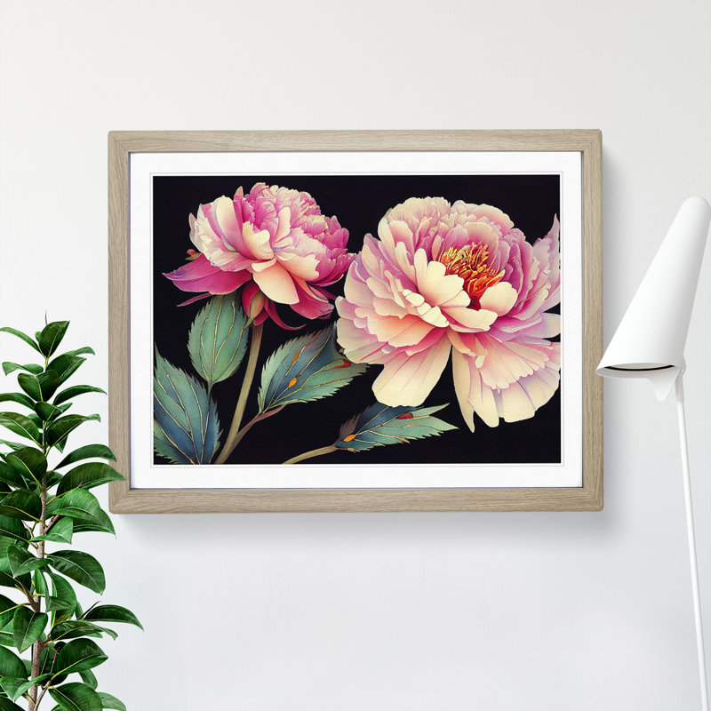 Watercolour Peony Flowers Vol.1 - Single Picture Frame Painting, 46cm H x 64cm W x 2cm D, Oak
