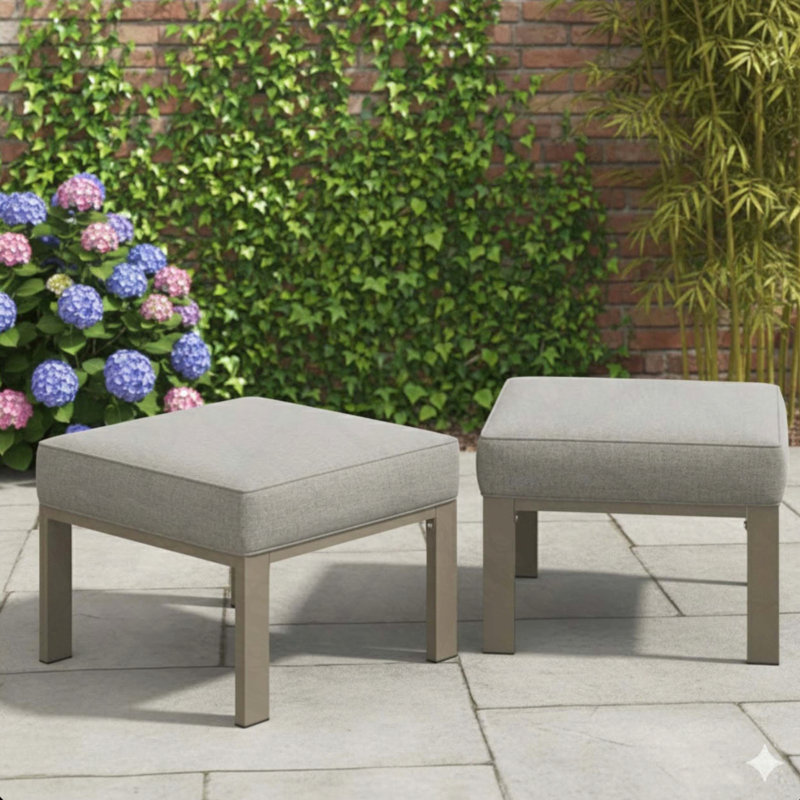 Set of 2 All-Weather Metal Ottomans with Beige Cushions (Khaki Frame), Beige Cushion/Khaki Frame