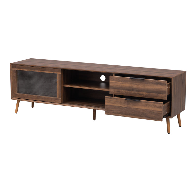 Meuble audio-vidéo 70 po avec 2 portes en verre, 2 tiroirs, meuble télé moderne, meuble Mid-Century couleur noyer, 75 po