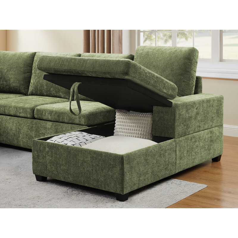 Canapé coulissant avec méridienne de rangement, canapé rembourré avec console, Chenille verte