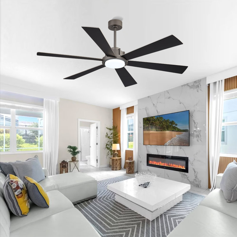 Pales à grain double en bois de couleur claire de 60 pouces à 6 vitesses avec ventilateur de plafond à DEL à DEL 60 po, Gris