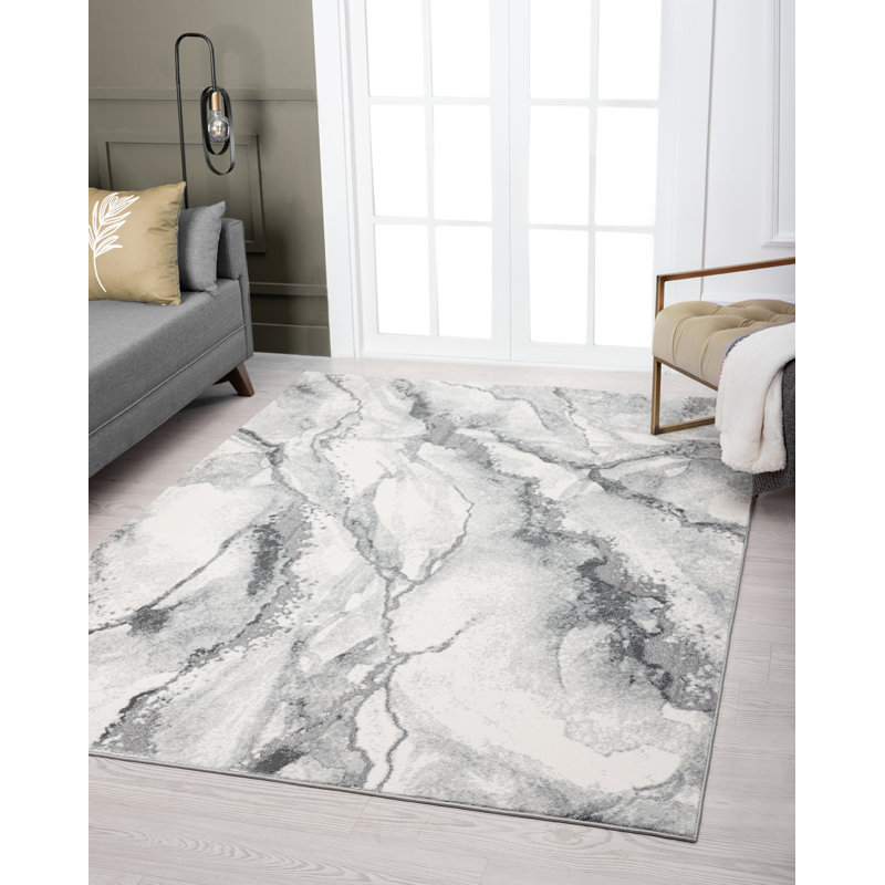 Tapis abstrait blanc / gris, Rectangle 5 pi 3 po x 7 pi 7 po