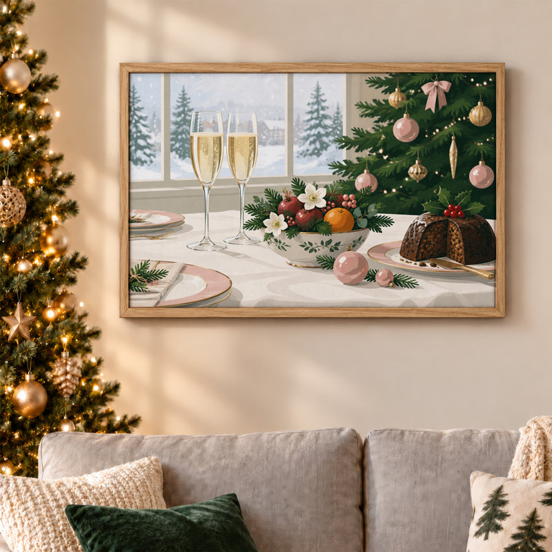«Champagne Flutes and Pudding on Winter Table Christmas», art mural sur toile, H 24 po x l 36 po