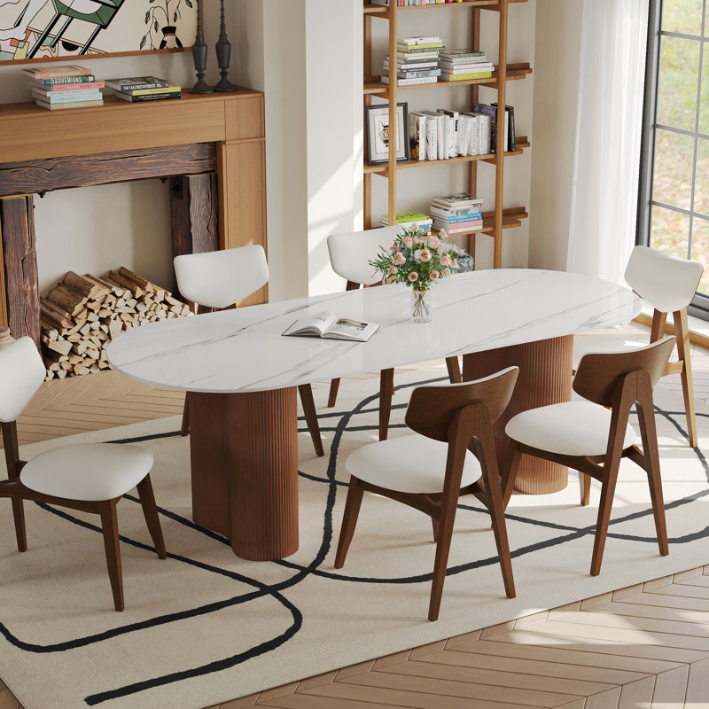 Mid-century Modern Dining Chairs Set Of Two, Curved Backrest & Tapered Wood Legs, Upholstered Faux Leather Seat, Walnut Finish
