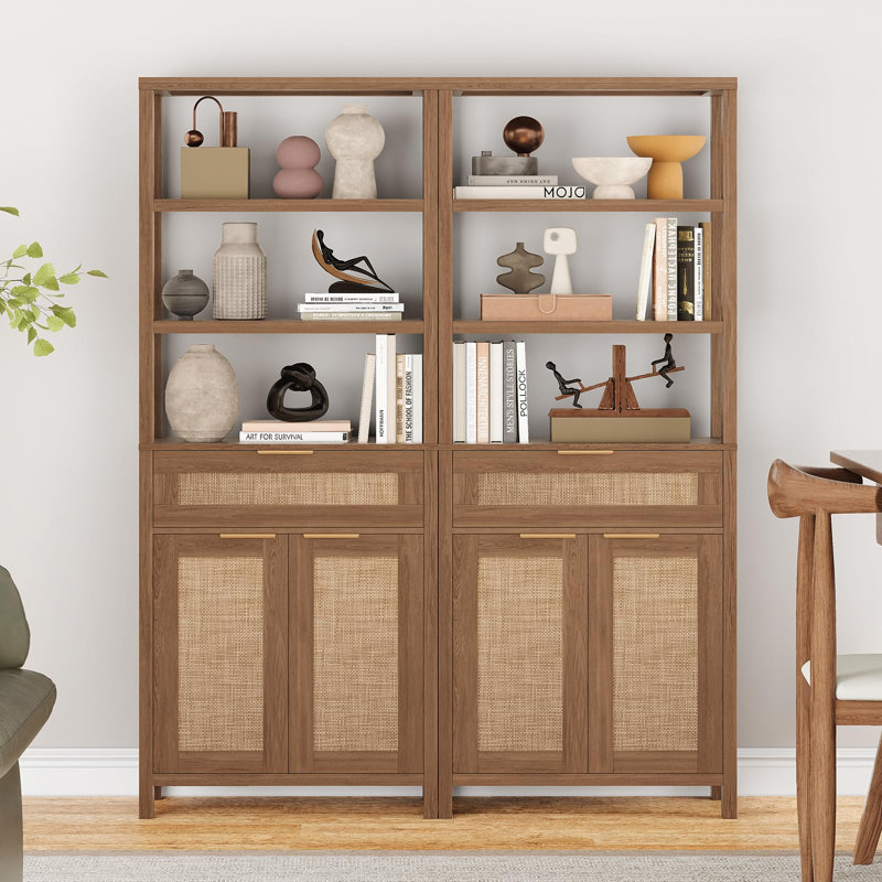 71" Rattan Bookshelf With Drawer And Doors