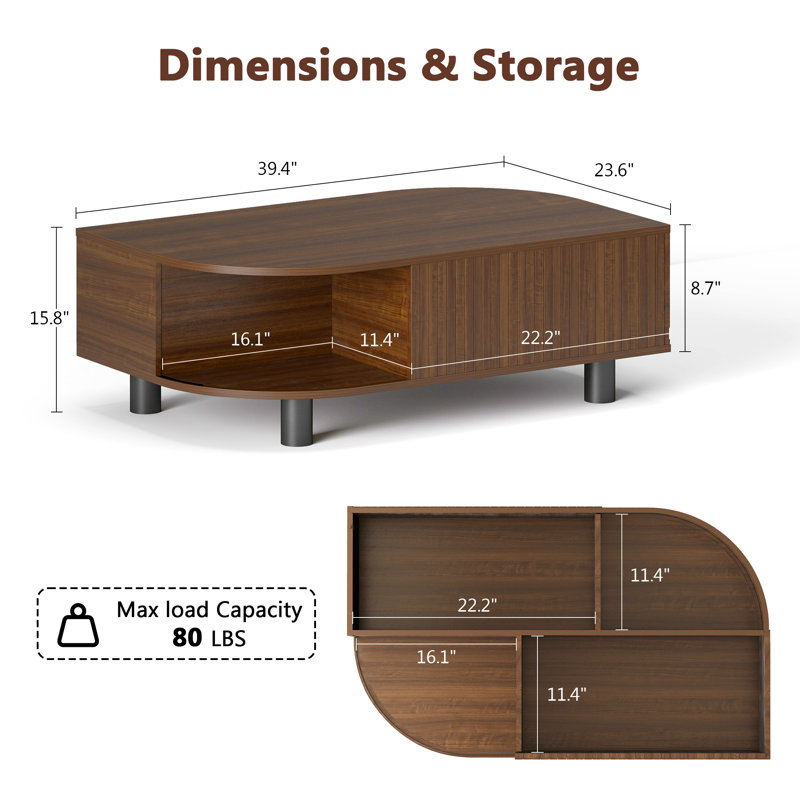 Wood Coffee Table with Storage & Fluted Sliding Doors for Living room, Unique Leaf-Shaped Design, Brown