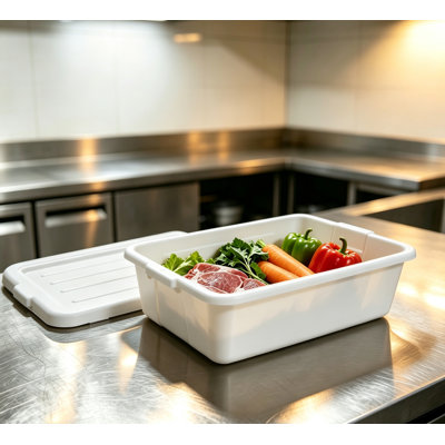 Ensemble de 6 bacs à viande en plastique blanc de qualité alimentaire (51 x 38 x 13 cm) avec couvercles. Récipients robustes et pratiques pour la vaisselle, la préparation en cuisine, la restauration et l'entreposage des aliments.