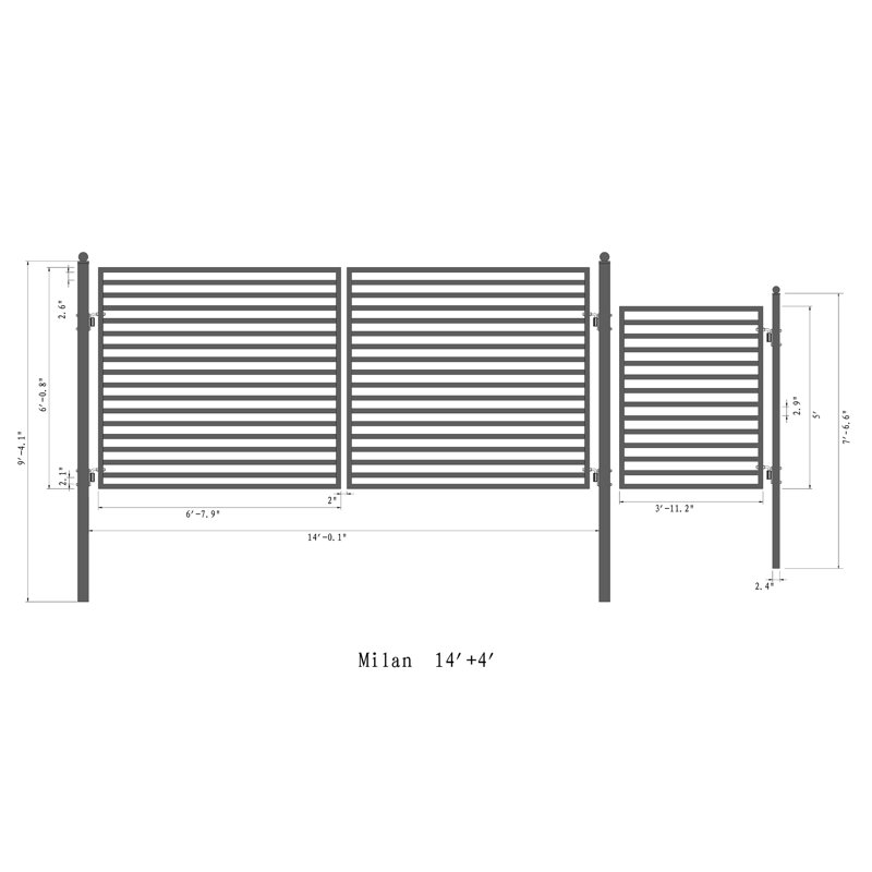Milan Style 14 ft Black Steel Dual Swing Driveway Gate with Pedestrian Gate