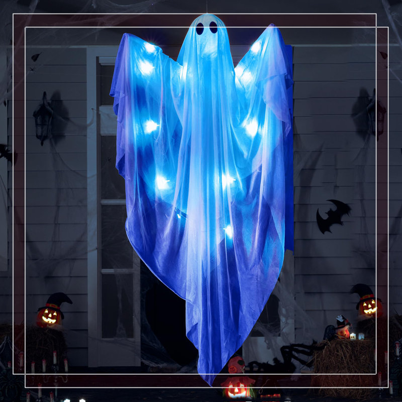 Fantôme suspendu d'Halloween (47 po) - lueur bleue, accoudoirs pliables pour des poses personnalisées, décor facile à suspendre pour effrayer les invités