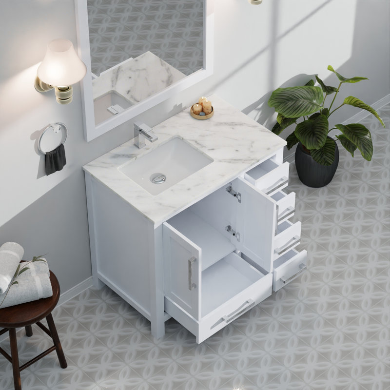 Offset Bath Vanity with Carrara Marble Top and Mirrors, White