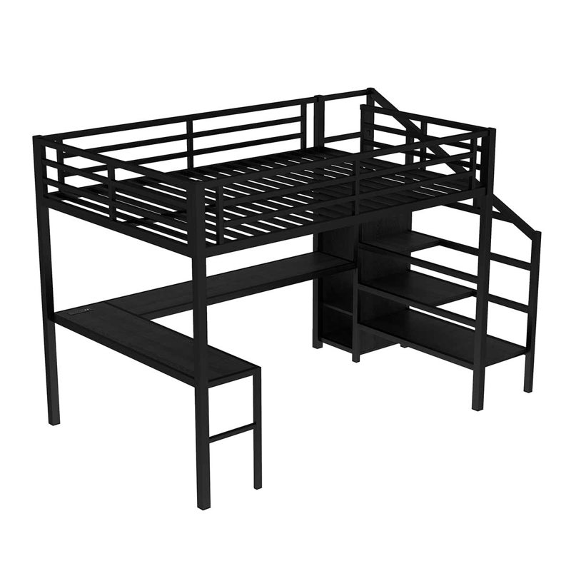 Lit mezzanine avec bureau en L et port USB, lit mezzanine avec garde-robe et tablette réglable pour les adolescents adultes