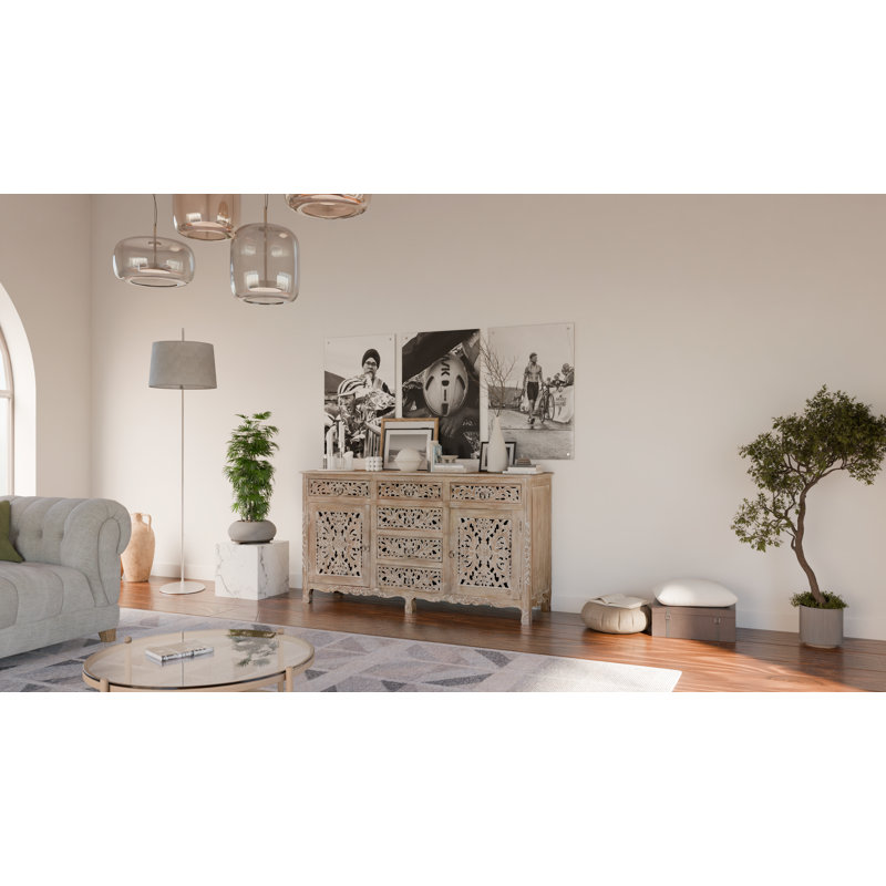 Harleen 6 Drawer 65" W Solid Wood Combo Dresser, Limestone Beige