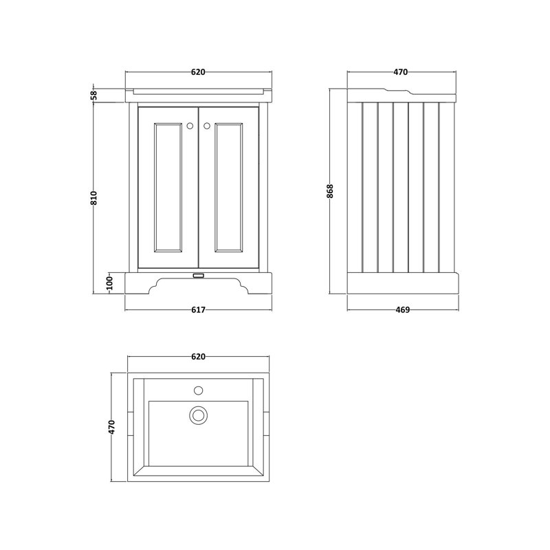 Bayswater 600mm Matt Black 2 Door Floor Standing Cabinet With 1 Tap Hole Square Basin, Matt Black